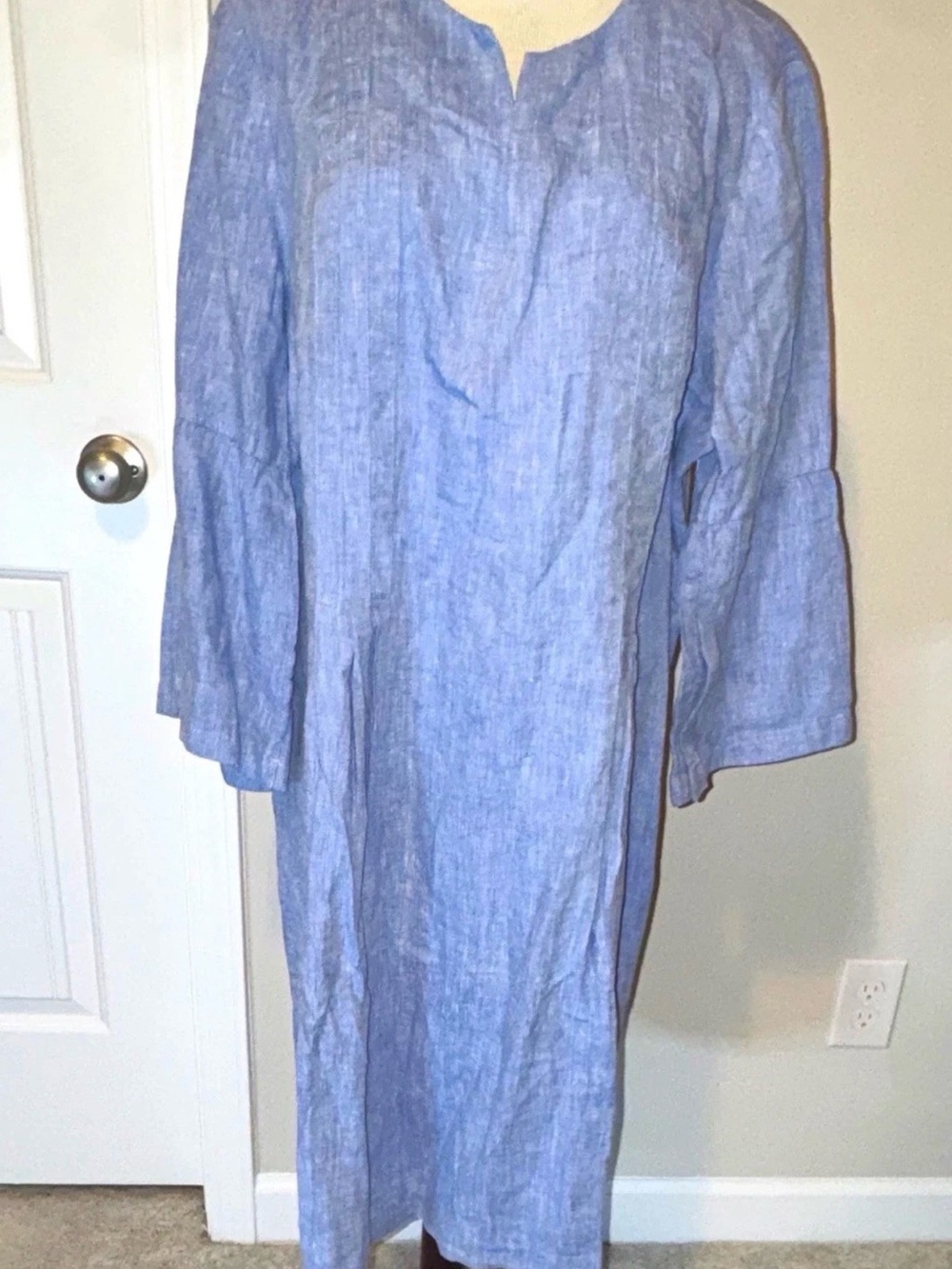 J. Jill Love Linen Chambray Blue Shift Dress XL Split Neck 3/4 Pleated